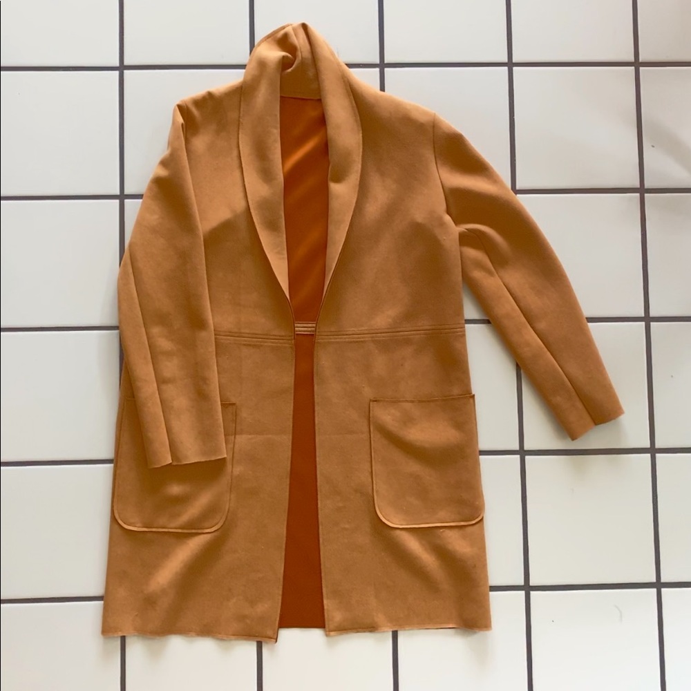 Textured camel mid length blazer coat size small.